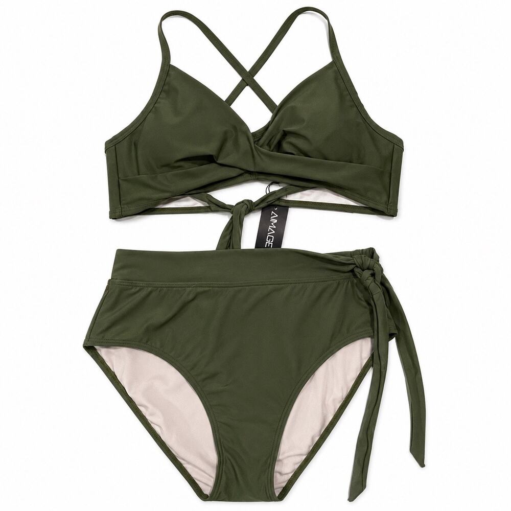 AI’MAGE Women Olive Green High Waisted Bikini Set Tie Side Swimwear XL NWT